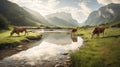 Serenity in the Countryside: Cows Standing in a Shallow River. Generative AI