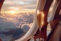 Serenity of dark turquoise horizon viewed from plane window with elegant champagne glass