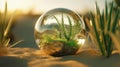 Serenity in the Desert: A Green Plant Encased in a Glass Ball