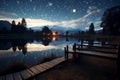 Serenity at dusk lakeside beauty with wooden dock, twinkling stars, and the radiance of a full moon