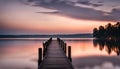 Serenity at Dusk A Majestic Pier and Tranquil Lake Embrace