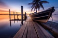 Serenity at Dusk - A Wooden Boat Anchored by an Empty Pier