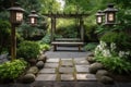 serenity garden with zen bench and lanterns for a peaceful escape