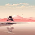 Serenity Of A Japanese Sunset: Delicate Illustration Of Birds, Mountains, And Tranquil Lake