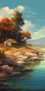 Serenity By The Lake: A Speedpainting Inspired Cottage On The Shore Royalty Free Stock Photo