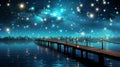 Serenity at the lakeside dusk scene with wooden dock, starry sky, full moon s enchanting glow Royalty Free Stock Photo