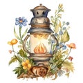 Serenity in Light: Watercolor Oil Lamp and Cherry Blossoms