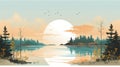 Serenity of a minimalistic summer sunrise illustration by the lake, simple and tranquil design