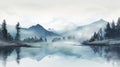 Serenity In The Mist: A Detailed 8k Painting Of Mountains And Lake Royalty Free Stock Photo