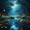 Fireflies buzz around a moonlit pond Royalty Free Stock Photo