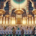 The serenity of the mosque during the Eid al-Fitr prayer, anime art, blessings of Ramadan, joy of Eid