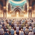 Serenity of the mosque, Eid al-Fitr prayer, worshippers dressed in their finest attire, blessings of Ramadan, joy of Eid, anime