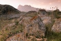 Serenity mountain landscape with big stones on meadow on sunset in summer. Heap of big boulders with orange lichens in highlands.