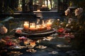 Serenity in nature garden spa, candlelight, flowing water, perfect for massage