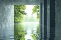 Serenity of nature reflected in calm water at an abandoned structure during the day