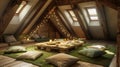 Serenity in Nature: Rustic Fairytale Attic Room with Earthy Tones and Fairy Lights