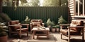 Serenity in Nature: Scandinavian Terrace Adorned with Wood and Leather Chairs in Natural Hues Royalty Free Stock Photo