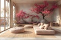 Serenity in Pink: Minimalist Japanese-Inspired Living Space. Concept Minimalist Decor, Japanese Royalty Free Stock Photo