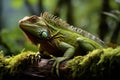 Serenity in the Rainforest: Majestic Iguana Perched on Moss-Covered Branch