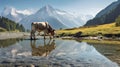 Serenity of rural life - Cows in a shallow river surrounded by mountains. Generative AI