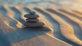 Serenity in sand: balanced stones at golden hour, zen concept, calming natural scene with sunset tones. AI Royalty Free Stock Photo