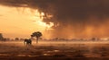 Serenity Of The Savanna: Majestic Elephant Amidst A Dusty Sunrise