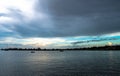 Serenity on the sea. Dusk to dawn over the calm waters of Sarasota Bay in Florida. Lake, water, river scene at popular travel dest Royalty Free Stock Photo