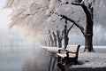 A park bench sitting next to a body of water Royalty Free Stock Photo