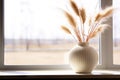 Serenity in Simplicity Ceramic Ripple Vase, Pampas Grass, and Minimalist Elegance in a Modern Living Room\'s Home Decor. AI