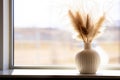 Serenity in Simplicity Ceramic Ripple Vase, Pampas Grass, and Minimalist Elegance in a Modern Living Room\'s Home Decor. AI