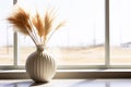 Serenity in Simplicity Ceramic Ripple Vase, Pampas Grass, and Minimalist Elegance in a Modern Living Room\'s Home Decor. AI