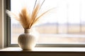 Serenity in Simplicity Ceramic Ripple Vase, Pampas Grass, and Minimalist Elegance in a Modern Living Room\'s Home Decor. AI