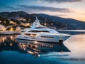 Serenity at Sunset: Luxurious Yacht Moored in Evening Radiance