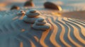 Serenity at sunset: stacked stones on rippled sand. zen-like tranquility in golden light. perfect for mindfulness themes Royalty Free Stock Photo