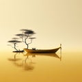 serenity and tranquility by featuring a tranquil lake with a solitary tree and a small boat. Royalty Free Stock Photo