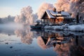 serenity of trees and a house by the edge of a frozen lake in an empty, snow-covered landscape.