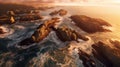 Serenity Unveiled: Awe-Inspiring Aerial View of a Rocky, Rugged Coastline at Sunset