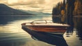 Serenity on the Water: Classic Wooden Speedboat on a Tranquil Lake. Generative ai Royalty Free Stock Photo