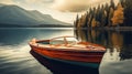 Serenity on the Water: Classic Wooden Speedboat on a Tranquil Lake. Generative ai Royalty Free Stock Photo