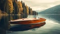 Serenity on the Water: Classic Wooden Speedboat on a Tranquil Lake. Generative ai Royalty Free Stock Photo