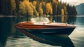 Serenity on the Water: Classic Wooden Speedboat on a Tranquil Lake. Generative ai Royalty Free Stock Photo