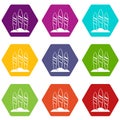 Serfing board icon set color hexahedron