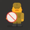 Sergeant with red mustache holding prohibition sign. Vector character