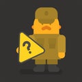 Sergeant with red mustache holding question mark. Vector character