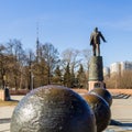 Sergei Korolev Sculpture with Monument near Rocket Memorial to the Conquerors of Space in Moscow, Russia