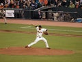 Sergio Romo steps forward to throw a pitch in rel