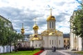 Sergiyev Posad, Russia- 20 August, 2020: Picturesque view of Trinity Cathedral in Trinity Lavra of St. Sergius in Sergiyev Posad Royalty Free Stock Photo