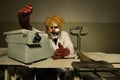 Serial murderer in creepy style of doctor clown on location of former hospital
