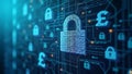 A series of AI-driven fraud detection symbols overlaying a financial data screen, symbolizing cybersecurity in fintech and fraud