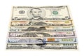 Series American money 5,10, 20, 50, new 100 dollar bill on white background clipping path. Pile US banknote